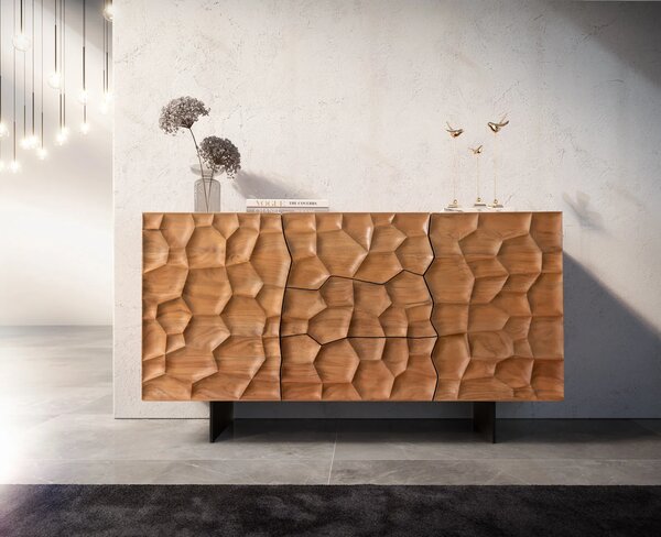 DELIFE Komód Solu 145 cm akác természetes 2 ajtós 3 fiókos lebegő fém láb fekete 3D előlap
