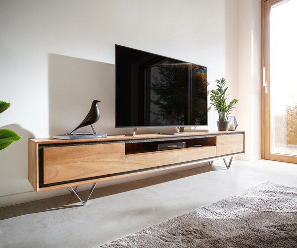 DELIFE TV szekrény Stonegrace 240 cm akác természetes 2 ajtós 1 rekeszes 2 fiókos kőfurnér V láb