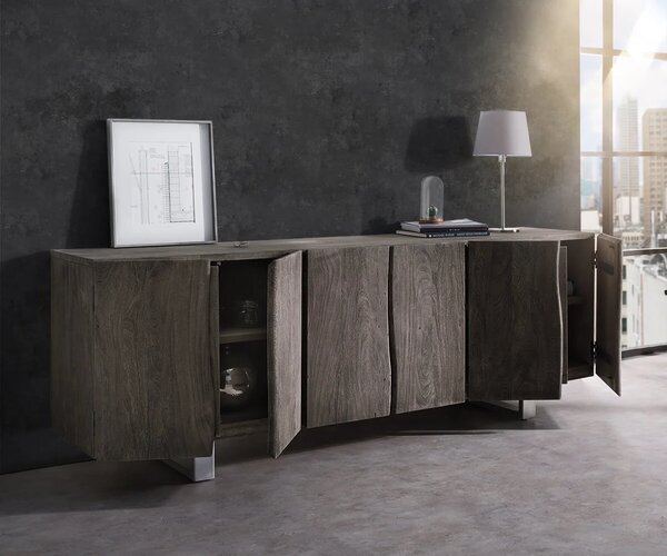 DELIFE Komód Live-Edge 220 cm akác platina masszív 6 ajtós