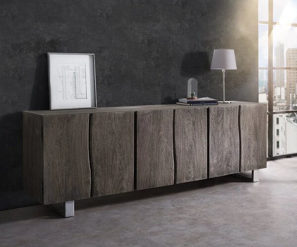 DELIFE Komód Live-Edge 220 cm akác platina masszív 6 ajtós