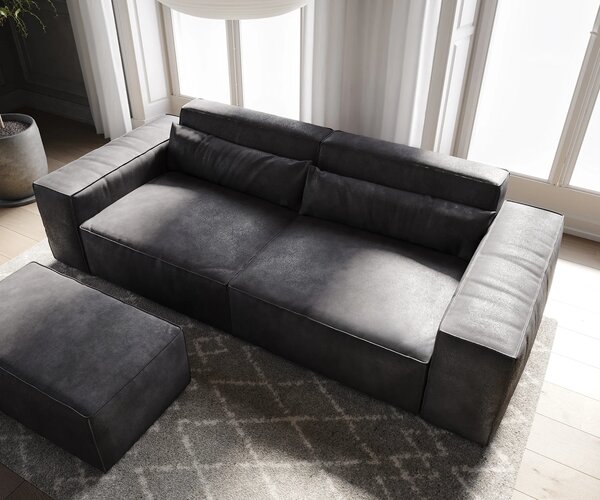 DELIFE Nagy kanapé Sirpio 230x95 cm bőr imitáció vintage antracit puffal