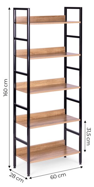Intenso Home 5 szintes nyitott könyvespolc 60 x 160cm (Sonoma tölgy) | Univerzális tároló állvány fém lábakkal