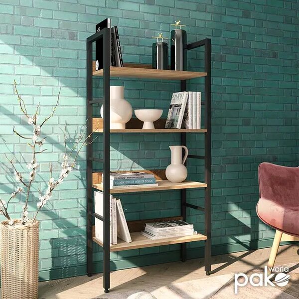 Intenso Home 4 szintes nyitott könyvespolc 60 x 126cm (Sonoma tölgy) | Univerzális tároló állvány fém lábakkal