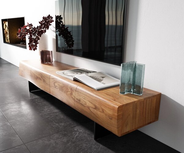 DELIFE TV szekrény New Live-Edge 175 cm akác természetes 4 ajtós lebegő fém láb fekete