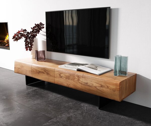 DELIFE TV szekrény New Live-Edge 175 cm akác természetes 4 ajtós lebegő fém láb fekete