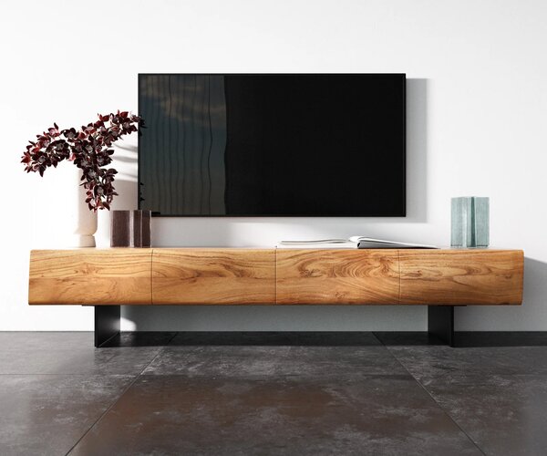DELIFE TV szekrény New Live-Edge 175 cm akác természetes 4 ajtós lebegő fém láb fekete
