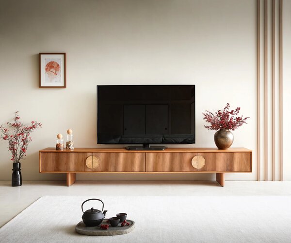 DELIFE TV szekrény Surimu 240 cm akác világosbarna 4 ajtós parafa fogantyú fa lábak