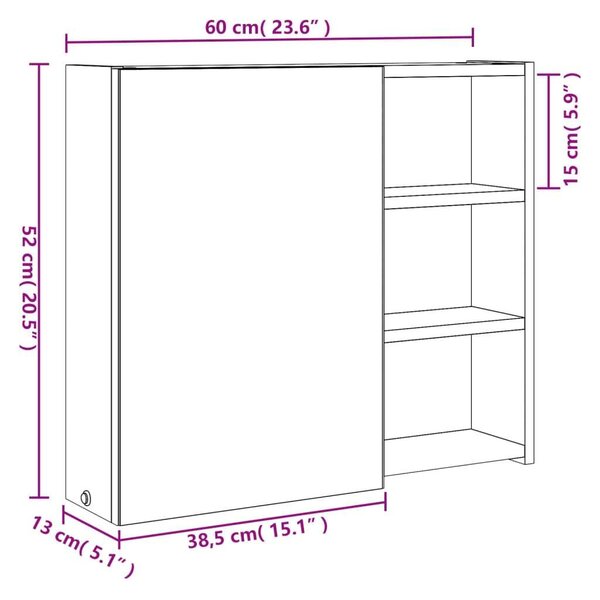 VidaXL Fürdőszobaszekrény Tükörrel és LED-del - Tölgyfa - 60x13x52cm