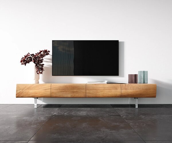 DELIFE TV szekrény New Live-Edge 200 cm akác természetes 4 ajtós akril láb