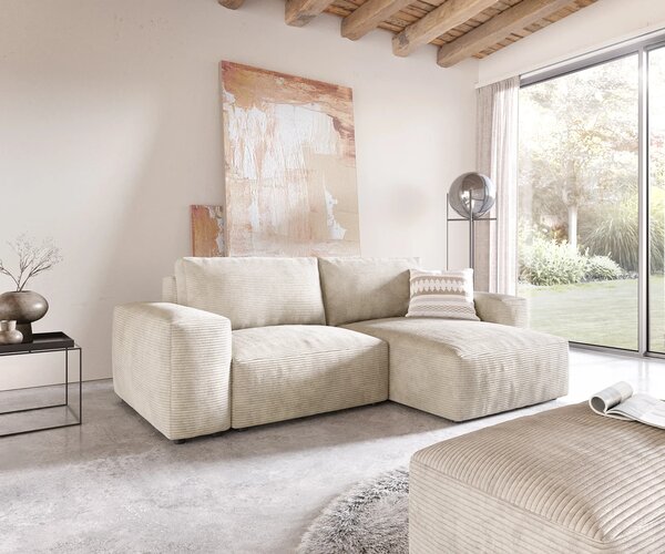 DELIFE Sarokkanapé Lanzo 230x155 cm kordbársony bézs változtatható rekamié puffal