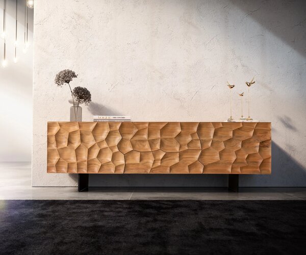 DELIFE TV szekrény Solu 175 cm akác természetes 2 ajtós 2 fiókos lebegő fém láb fekete 3D előlap
