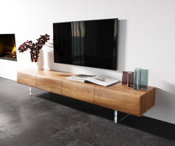 DELIFE TV szekrény New Live-Edge 200 cm akác természetes 4 ajtós akril láb