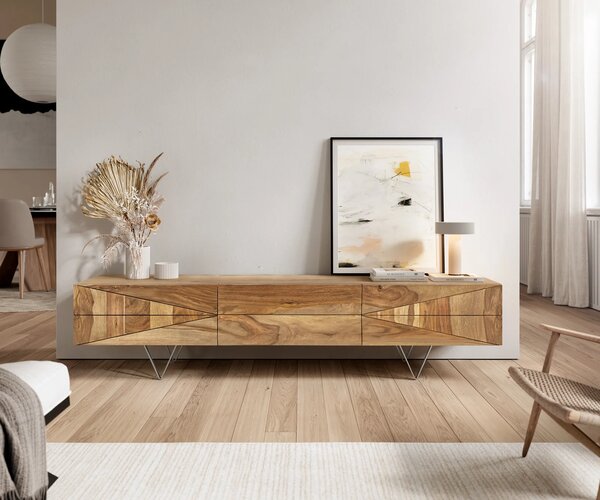 DELIFE Design TV szekrény Wyatt 175 cm sheesham természetes 2 ajtós 1 billenő ajtós