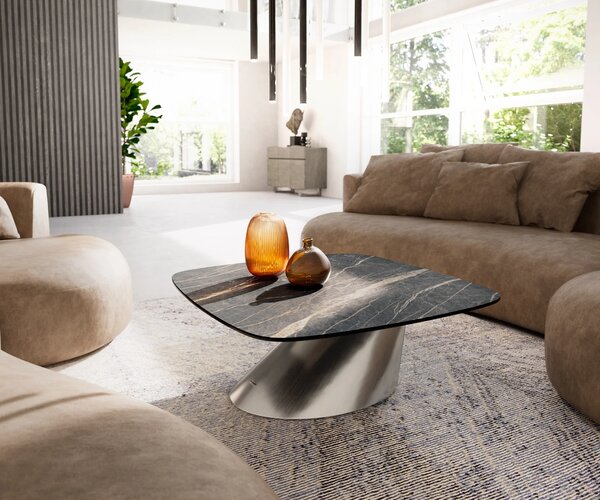 DELIFE Dohányzóasztal Edge hajóformájú 90x90 cm Laminam® kerámia Noir Desir barna Conis rozsdamentes acél szálcsiszolt