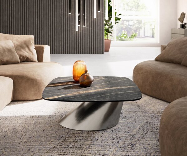 DELIFE Dohányzóasztal Edge hajóformájú 90x90 cm Laminam® kerámia Noir Desir barna Conis rozsdamentes acél szálcsiszolt