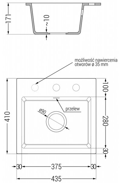 Mexen Milo, gránit mosogató 435x410x171 mm, 1 kamrás, fehér, fekete szifonnal, 6505441000-20-B