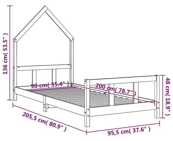 Fekete gyerek tömör fenyőfa ágykeret 90 x 200 cm