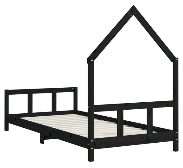 Fekete gyerek tömör fenyőfa ágykeret 90 x 200 cm