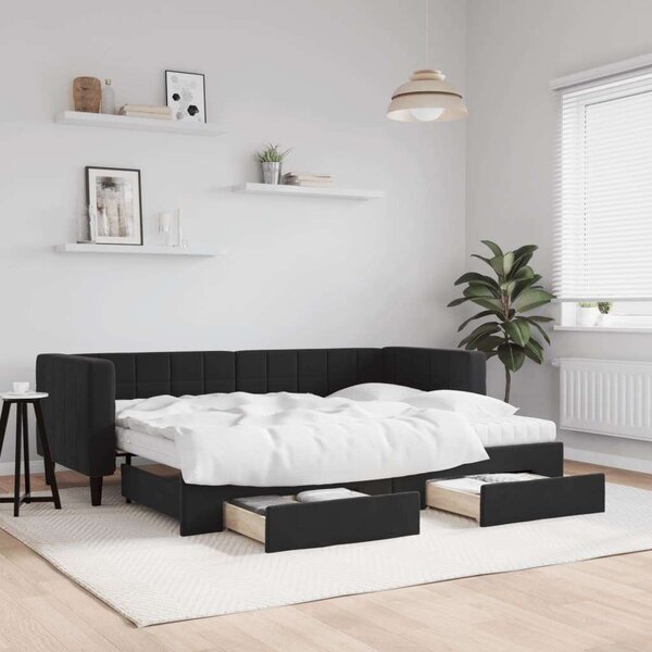 Fekete kihúzható bársony heverő fiókkal 80 x 200 cm