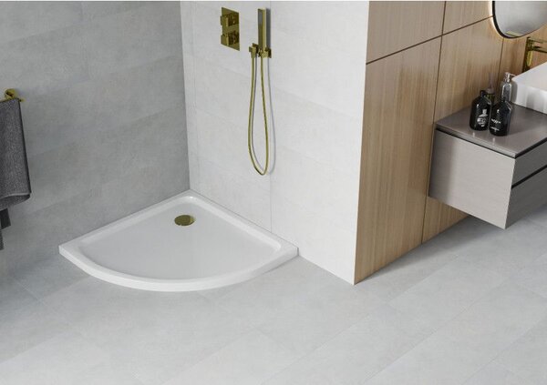 Mexen Flat félköríves slim zuhanytálca 70 x 70 cm, fehér, arany szifon - 41107070G