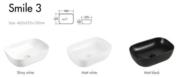 Eros SMILE 3 - PULTRA ültethető - Top Counter - porcelán mosdó - MATT FEHÉR - 46,5 x 32,5 x 13 cm