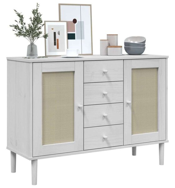 VidaXL SENJA Fenyőfa Tálalószekrény - Fehér - Rattan - 112x40x80 cm