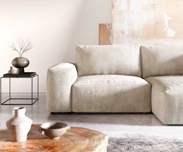 DELIFE Sarokkanapé Lanzo 230x155 cm kordbársony bézs rekamié változtatható