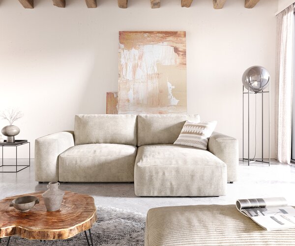 DELIFE Sarokkanapé Lanzo 230x155 cm kordbársony bézs változtatható rekamié puffal