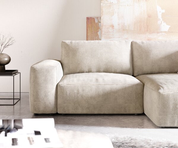 DELIFE Sarokkanapé Lanzo 230x155 cm kordbársony bézs változtatható rekamié puffal