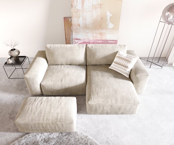 DELIFE Sarokkanapé Lanzo 230x155 cm kordbársony bézs változtatható rekamié puffal