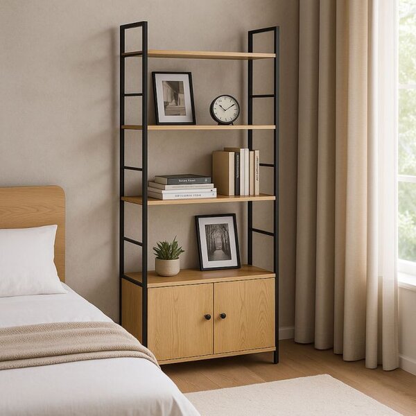 KÉSZLETKISÖPRÉS! Intenso Home 5 szintes könyvespolc ajtóval 59 x 144cm (Aranytölgy) | Univerzális tároló állvány fém lábakkal