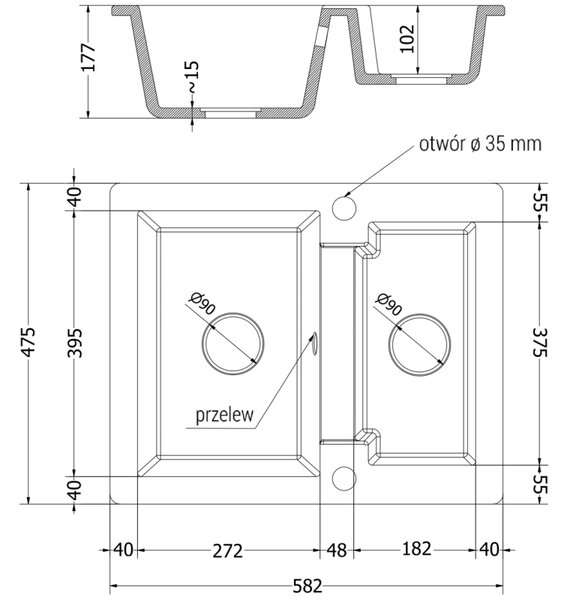 Mexen Carlos, gránit mosogató 582x475x177 mm, 1,5-kamrás, fehér, 6518581500-20