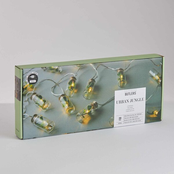 URBAN JUNGLE égősor USB kábellel, befőttes üveg / levél 20 égő