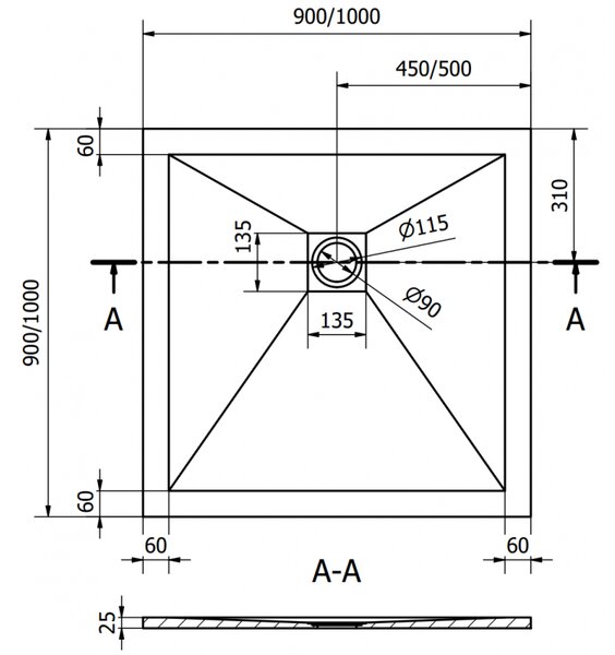 Mexen Stone+ kompozit zuhanytálca négyzet alakú 90 x 90 cm, fehér, arany fedél - 44109090-G