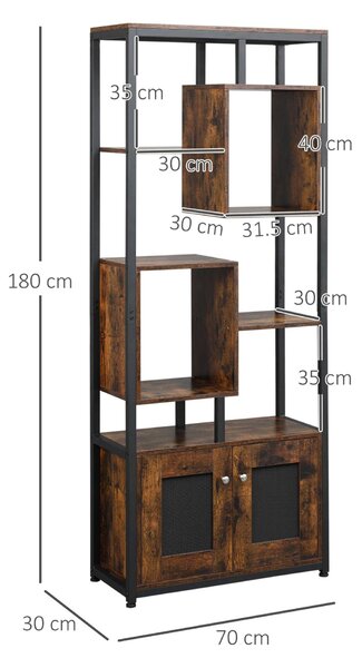 Ipari stílusú könyvespolc, Forgácslap / Fém, 8 polc szekrénnyel, 70 x 30 x 180 cm, Barna
