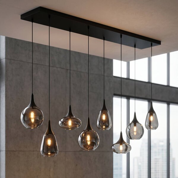 Trio Lighting Lumina függőlámpa, 8-as lámpa, fekete/króm, üveg, dimmelhető, Fekete, Nappali / Étkező, Üveg
