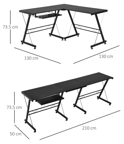 Homcom kihúzható fa és acél sarokasztal, fekete 130W x 130W x 73,5H cm