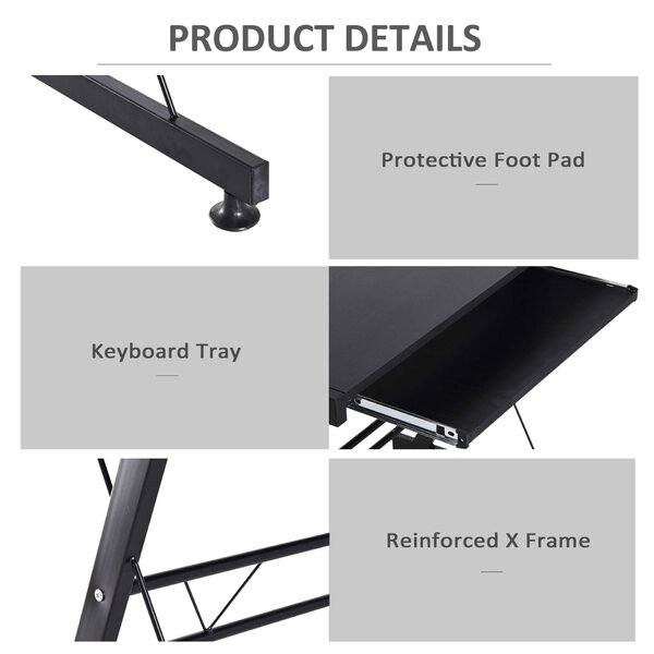 Homcom kihúzható fa és acél sarokasztal, fekete 130W x 130W x 73,5H cm