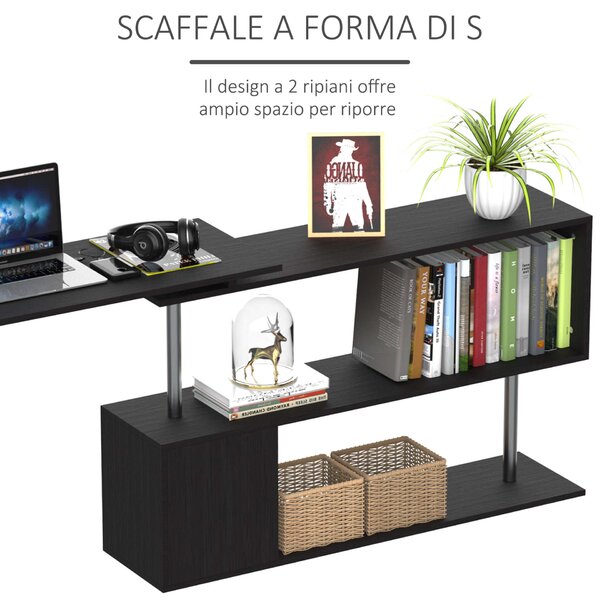 Computer Íróasztal, polcrendszer, 360 ° -ban forgatható, 140 x 39,5 x 78 cm, fa, fekete