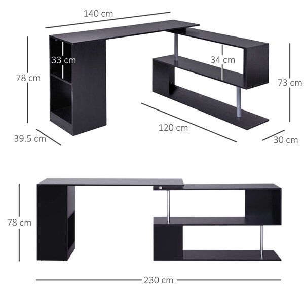 Computer Íróasztal, polcrendszer, 360 ° -ban forgatható, 140 x 39,5 x 78 cm, fa, fekete