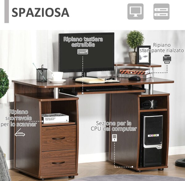 Homcom számítógépasztal, kihúzható polc, billentyűzet állvány, forgácslap / fém, 120x55x85 cm, barna