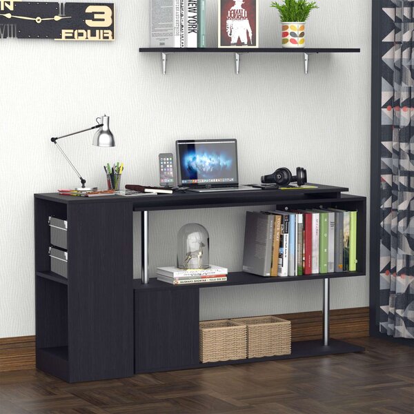 Computer Íróasztal, polcrendszer, 360 ° -ban forgatható, 140 x 39,5 x 78 cm, fa, fekete