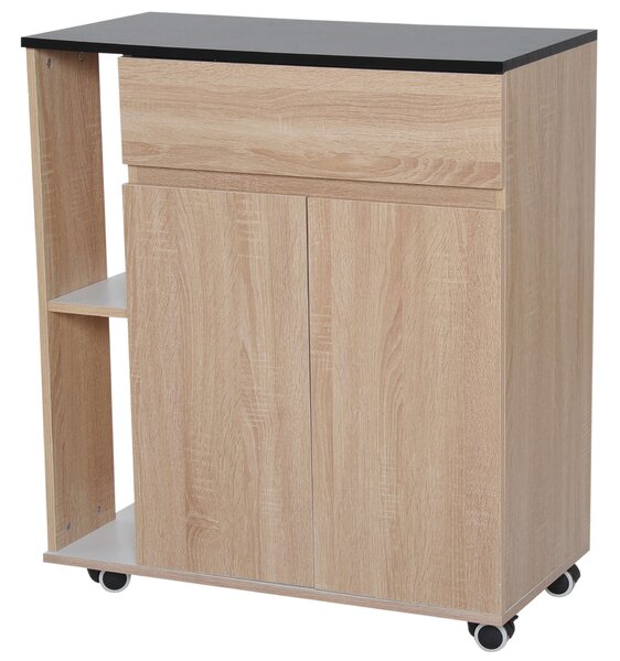 Homcom fiókos és kerekes konyhaszekrény, fa, tölgy / fekete 78x39,5x88,5cm