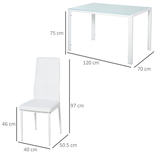 Asztalkészlet 4 kárpitozott székkel Üveg / Fém, 120x70x75 cm, Fehér