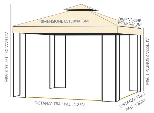 Kerti pavilon sátor, oldalháló, acél / poliészter, 3x3m, bézs