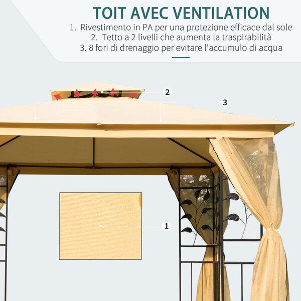 Kerti pavilon sátor, oldalháló, acél / poliészter, 3x3m, bézs