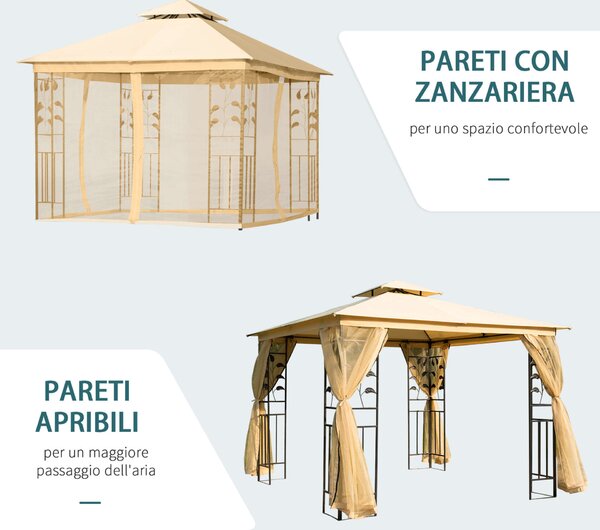 Kerti pavilon sátor, oldalháló, acél / poliészter, 3x3m, bézs