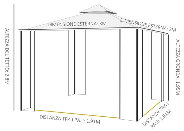 Homcom kerti pavilon, Oldalháló, Acél / Poliészter, 3x3m, Fehér