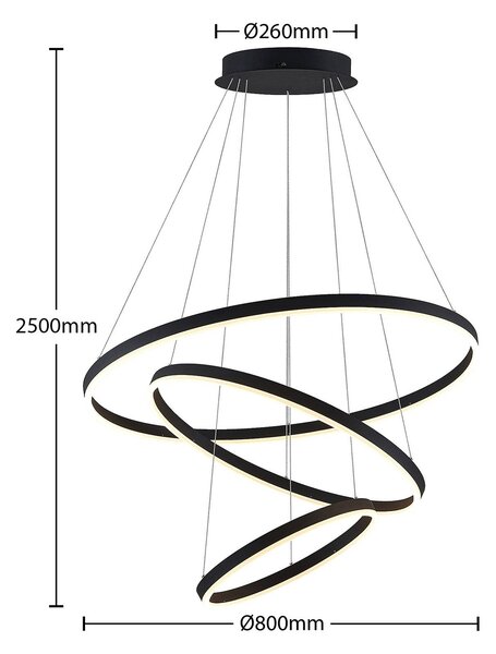 Arcchio LED függőlámpa Albiona, fekete, 3 karika, Ø 80 cm, dimmelhető, Fekete, fém, Modern