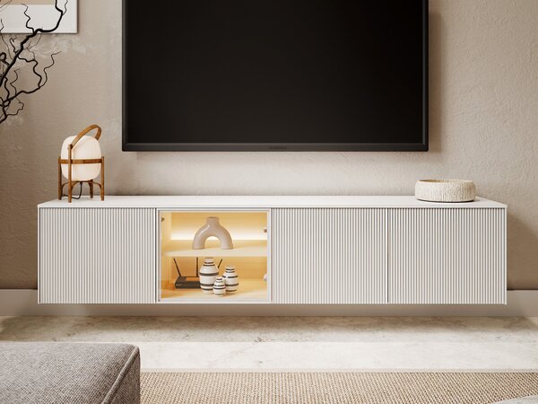 TV-állvány Mirbelo 107, Edzett üveg, Közepes sűrűségű farostlemez, Laminált forgácslap, 42x195x41cm, Fehér, Tölgy